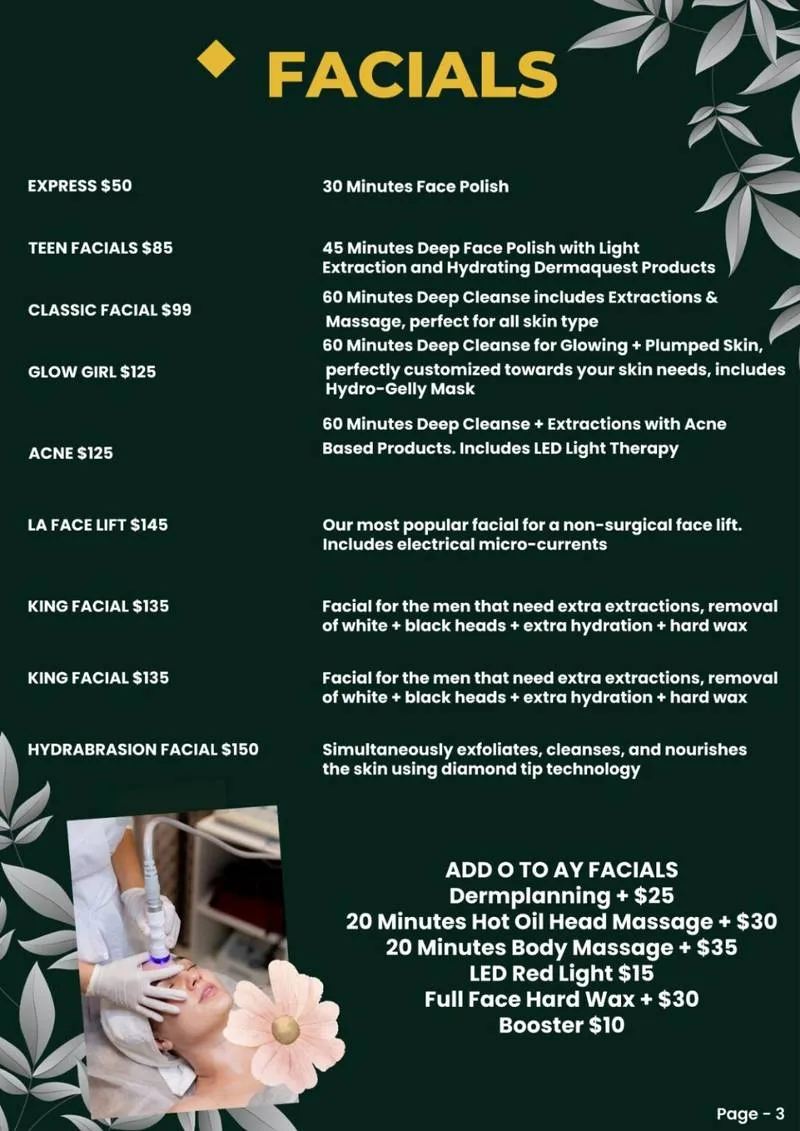 Facials Menu